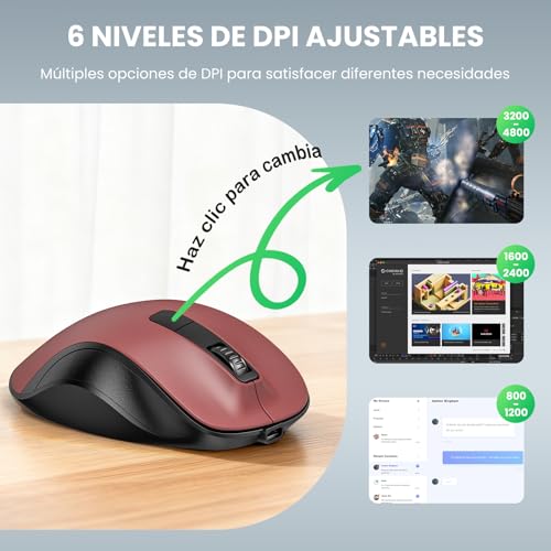 TECKNET Wireless Ergonomic Mouse, Rechargeable Bluetooth Mouse with 3 Devices (BT 5.0/3.0+2.4G), 4800DPI Silent Mouse with Thumb Rest for Laptop, Mac and PC, Red
