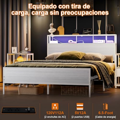 Simple Wisdom Cama Matrimonial 1.4 M con Base y Cabecero de Almacenamiento, 2 Salidas de Carga y 2 Puertos USB y Luces LED (Blanco)