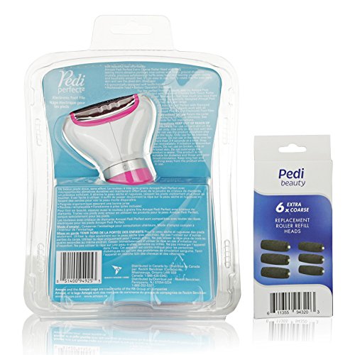 AMOPE Pedi Perfect Electronic Foot File Kit with Diamond Crystals with 6 Extra Replacement Roller Heads (6, Pink)