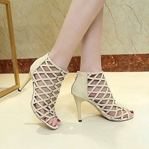 Sunyastor Women's Crisscrossed Open Toe Sandal Wedding Stiletto Pumps Strappy High Heel Shoes Rivet Roman Gladiator Sandals Beige