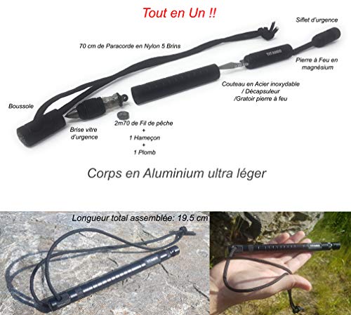Titaneo Kit De Survie Tactique 8 En 1 : Pierre A Feu +kit De Peche +boussole +paracorde +sifflet De Signalisation +décapsuleur +brise Vitre + Pour Camping/randonnée/alpinisme/foret/survivalisme