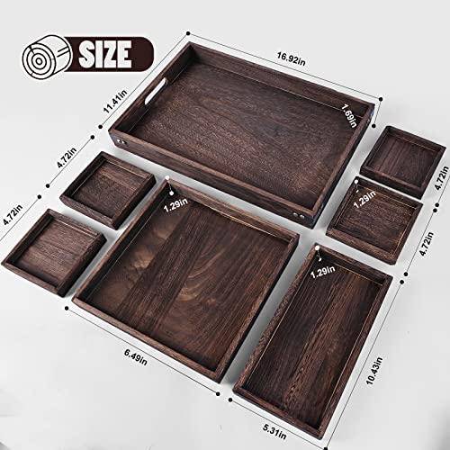 Wood Serving Tray with Handles, Set of 7 Rectangular Wooden Nesting