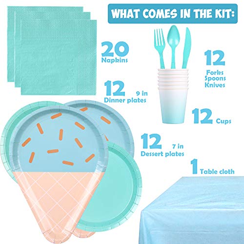 Partybus Party Supplies Set - Serves 12, 93 Ct, Sky Blue Ice Cream Theme Party Disposable Tableware Kit for Boys Girls Kids Birthday Decorations, Includes Dinner Plates, Dessert Plates, Napkins, Cups, Table Cloth, Silverware