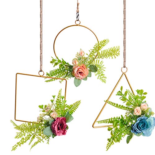 image for Pauwer Floral Hoop Wreath Set of 3 Artificial Rose Flower with Fern Gr