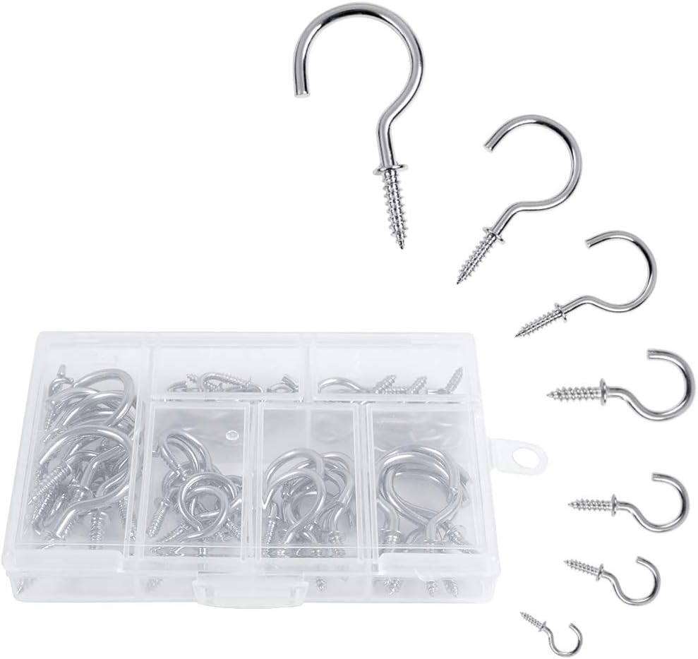 OWUDE 60Pcs Screw Hooks Cup Hooks Heavy Duty 7 Sizes Silver