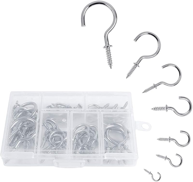 OWUDE 60Pcs Screw Hooks Cup Hooks Heavy Duty 7 Sizes Silver
