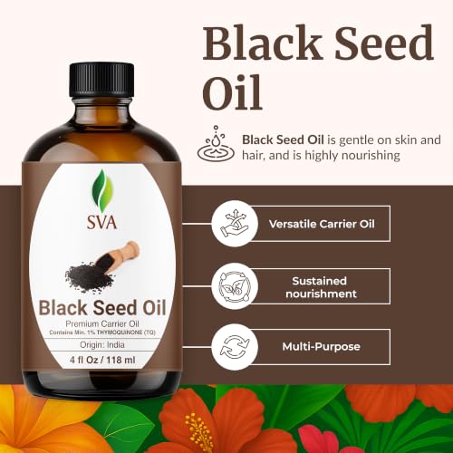 SVA Black Seed Oil – 4 Fl Oz – 100% Natural Cold Pressed Nigella Sativa – Kalonji Oil for Hair, Face & Skin Care – Carrier Oil with Dropper