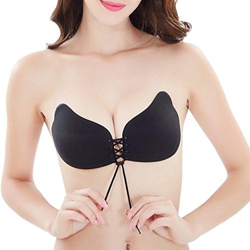 KACASUN Push Up Self Adhesive Silicone Bra - Invisible Strapless Bra with Drawstring for Women (Cup D, Black-1)