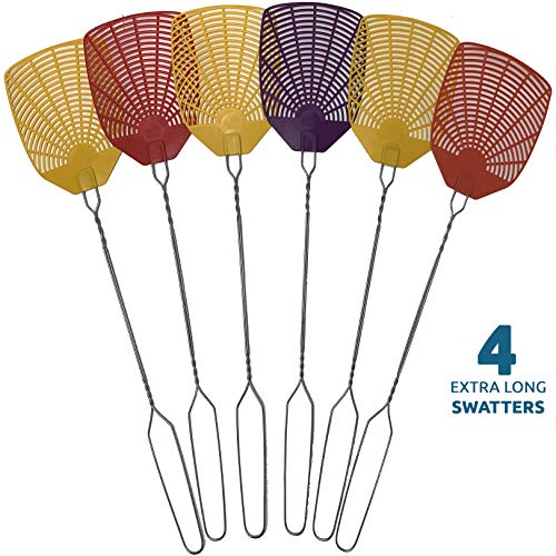 W4W Bug & Fly Swatter - Extra Long Handle 4 Pack Fly Swatters - Indoor/Outdoor - Pest Control flyswatter with 30 Labels