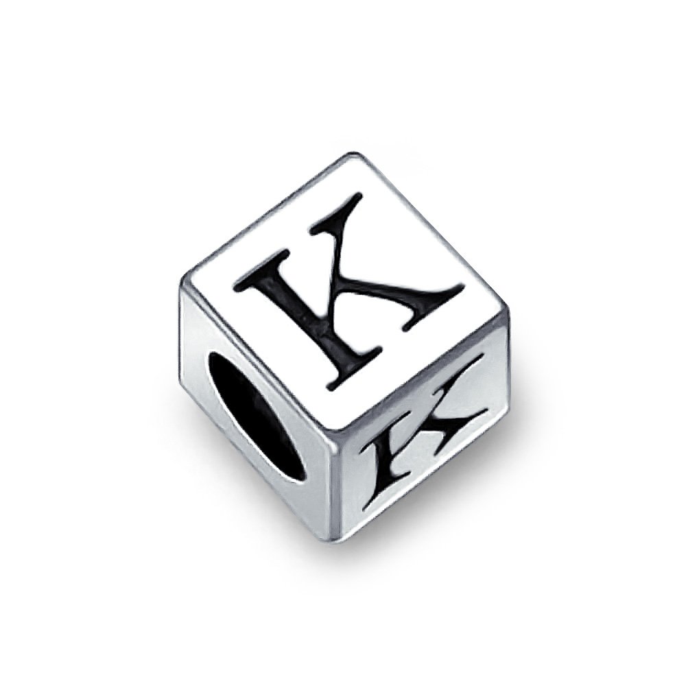 Bling Jewelry Block Letter K Alphabet Initial Charm Bead For Women For Teen .925 Sterling Silver For European Bracelet