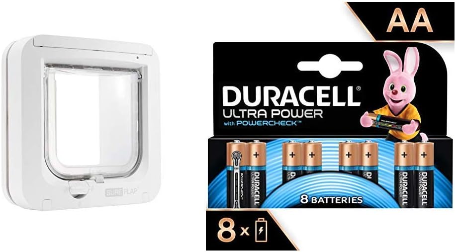 SureFlap Cat Flap with Microchip Identification, White, 21 x 21 cm, with Duracell Ultra Power Type AA Alkaline Batteries, Pack of 8