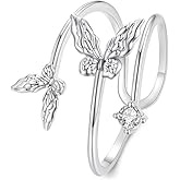Couple Butterfly Adjustable Open Wrap Ring 925 Sterling Silver White Gold Plated Stacking Statement Wedding Finger Rings for Women Fashion Layered Comfort Fit Christmas Valentine Jewelry forlfriend Wife