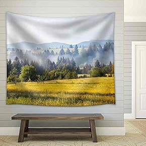 Fantastic Day with Fresh Blooming Hills in Warm Sunlight - Fabric Wall Tapestry Home Decor - 51x60 inches