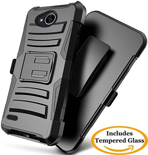 LG X Power 2 Case, LG Fiesta Case, LG X Charge Case, JATEM [Belt Clip] Rugged Hybrid Dual Layer Kickstand Holster Combo + Tempered Glass Screen Protector (Black/Black)