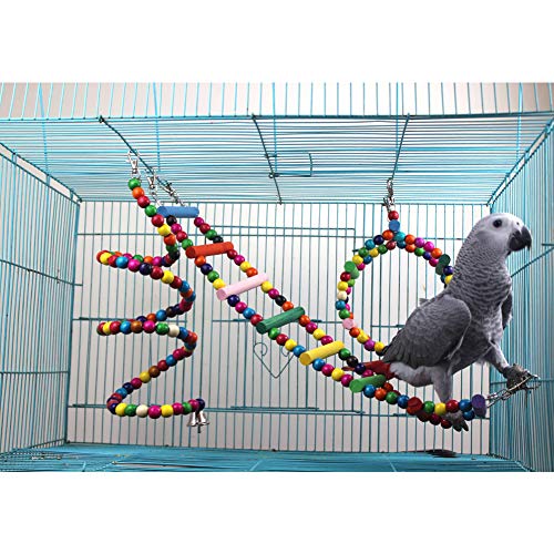 QBLEEV Bird Toys Cage Playset, Hanging Climbing Chewing Wooden Parrots Toys, Colorful Ladder Swing Perch Stand, Bungee Beads Toys for Cockatiel Conures Parakeet Small Macaw African Grey