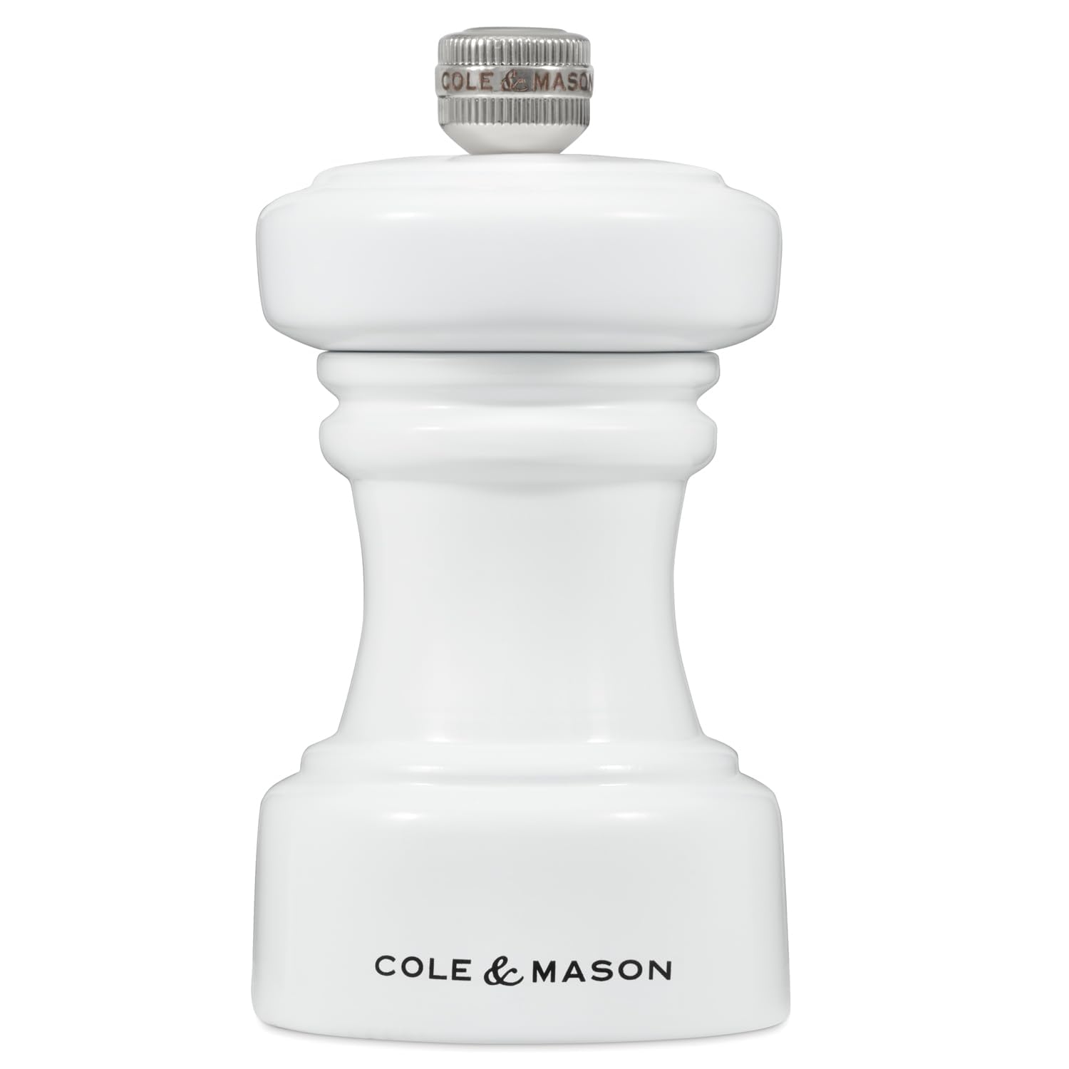 Cole & Mason Hoxton White Gloss Salt Mill, Compact Salt Grinder with Adjustable Grind, Non Corroding Ceramic Mechanism, Beech Wood, 10cm, Seasoning Mill, Lifetime Mechanism Guarantee