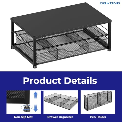 DAYONG Computer Monitor Stand Riser, Desk Organizers and Accessories with Storage Drawers, Metal Monitor Stand with 2 Pen Holders, Desktop Organiser for Home Office Supplies (Black)