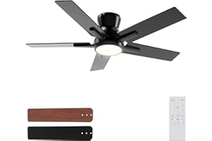 Sevenine 42 Inch Black Flush Mount Ceiling Fans with Lights and Remote, Black Low Profile Ceiling Fan for Bedroom Living Room Patio/Outdoor, Quiet 6 Speed Reversible DC Motor, 3CCT, Dimmable, 3 Timers