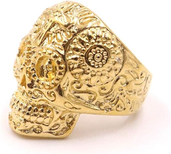 Gold Sugar Skull Rings for Men Women, Stainless Steel Day of The Dead