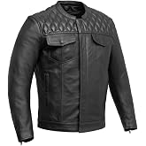 First Mfg Co - Cinder - Cafe Style Men's Motorcycle Leather Jacket | Cowhide, Diamond Quilted, Zip-out Thermal Liner, Zippered Sleeves, Utility Pockets, Phone Pocket, Armor Pocket, YKK Zippers
