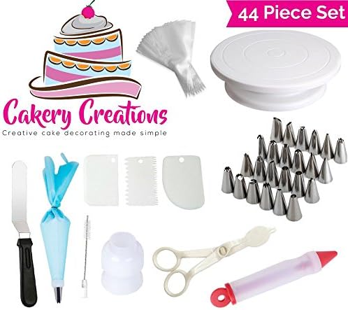 Cake Decorating Supplies Kit 44 Piece Set Turntable Stand Frosting Tips Coupler Disposable Pastry Bags Icing Spatula Cake Brush Reusable Silicone by The Cakery