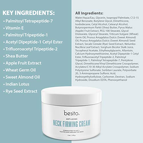 besito Advanced Neck Cream with Peptides, Vitamin E, Shea Butter, and More. Anti Aging Neck Firming Cream and Moisturizer Helps Reduce Wrinkles, Fine Lines and Age Spots.