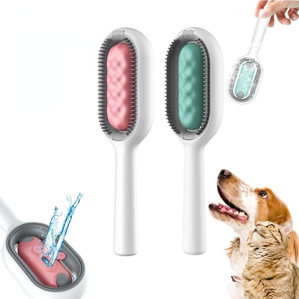 2023 NEW Dog Brush with Water Tank Cat Brush with Wet Wipes(not include) Cleaning Brush for Pet Hair Pet Cleaning Hair Removal Comb Ideal for Massage Care and Remove Hair (3mm-Short Hair,Blue+Pink)
