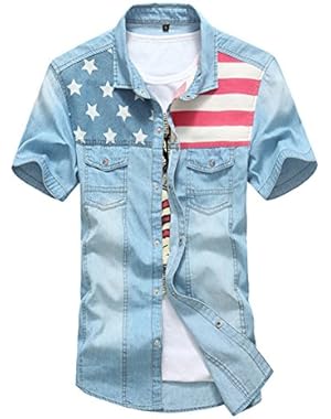 Fashion Men's Short Sleeve Casual Soft-Wash Denim Shirt
