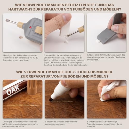 Laminate Vinyl Repair Kit, 11 Colours Hard Wax and 8 Colours Wooden Marker with Melting Tool, Furniture Wood Repair Set for Vinyl Flooring, Linoleum Flooring, Laminate Flooring Stains, Holes, Scratches, Cracks