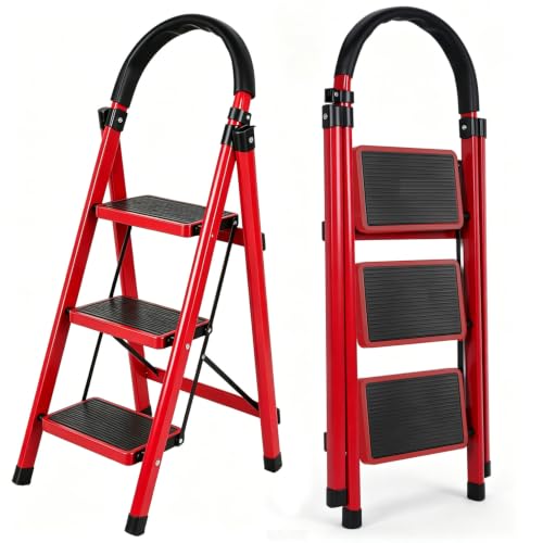 Escalera Plegable para Casa,Escalera Plegable de 3 Peldaños,Diseño de Cierre de Seguridad,Patas y Pasamanos Antideslizantes,Escalera Plegable de Peldaños,para Hogar,Garaje,Interior y Exterior-Rojo