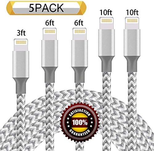 iPhone Charger,Youer MFi Certified Lightning Cable 3 Pack 10FT Extra Long Nylon Braided USB Charging & Syncing Cord Compatible iPhone Xs/Max/XR/X/8/8Plus/7/7Plus/6S/6S Plus/SE/iPad/Nan Grey White