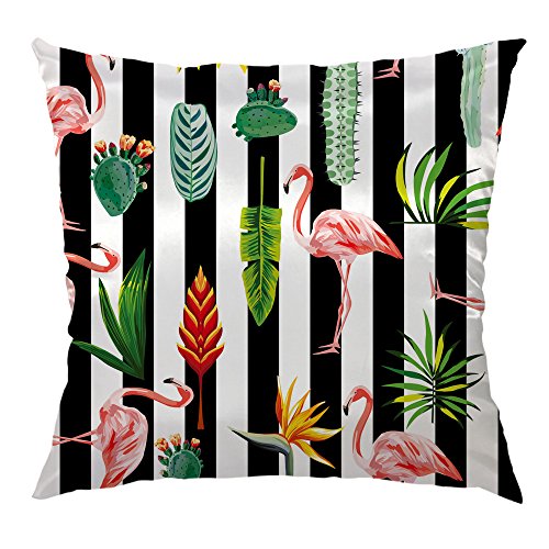 HGOD DESIGNS Tropical Leaves Pillow Cover,Cactus and Pink FlamingoThrow Pillow Case 18 x 18 Inches Square Cushion Cover for Sofa,Green,Pink,Black