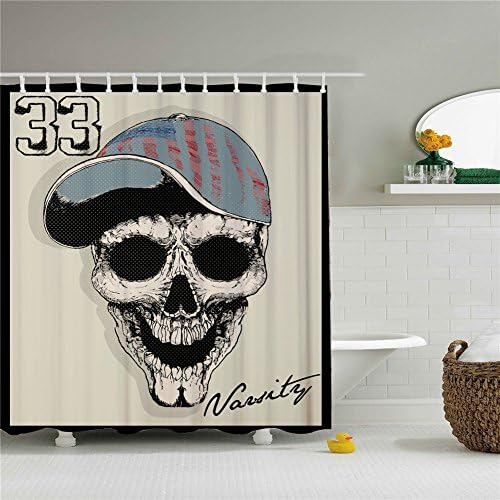 33 Skull With A Hat Shower Cutains-Water, Soap, and Mildew resistant Machine Washable 12 Shower Hooks are Included 66" x 72"