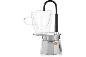 MVPLUE-Mini Express Swiss Single Tube Moka Pot Aluminum Silver，Moka Set includes One Double Wall 3oz Cup,Enjoy delicious coffee in no time