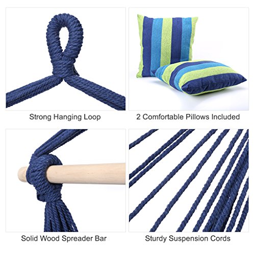 Finehter Hanging Rope Hammock with Pillow Set|Hanging Chair Swing seat for Indoor Outdoor Use|265 lbs Weight Capacity,Blue & Green Stripe,No Fade