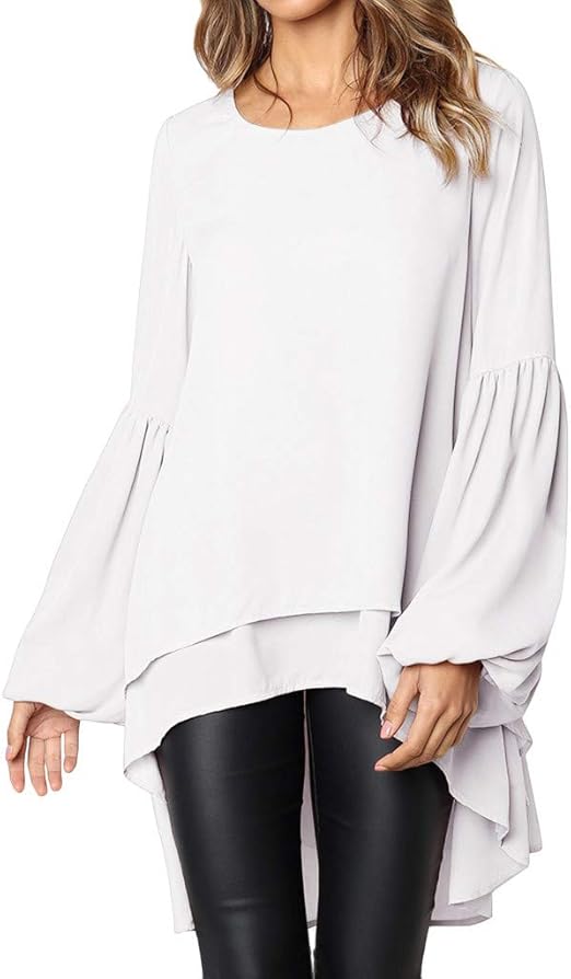 WOCACHI Final Clear Out Womens Womens Blouses Long Puff Sleeve Solid Crew Neck Ruffle Hem Shirts 