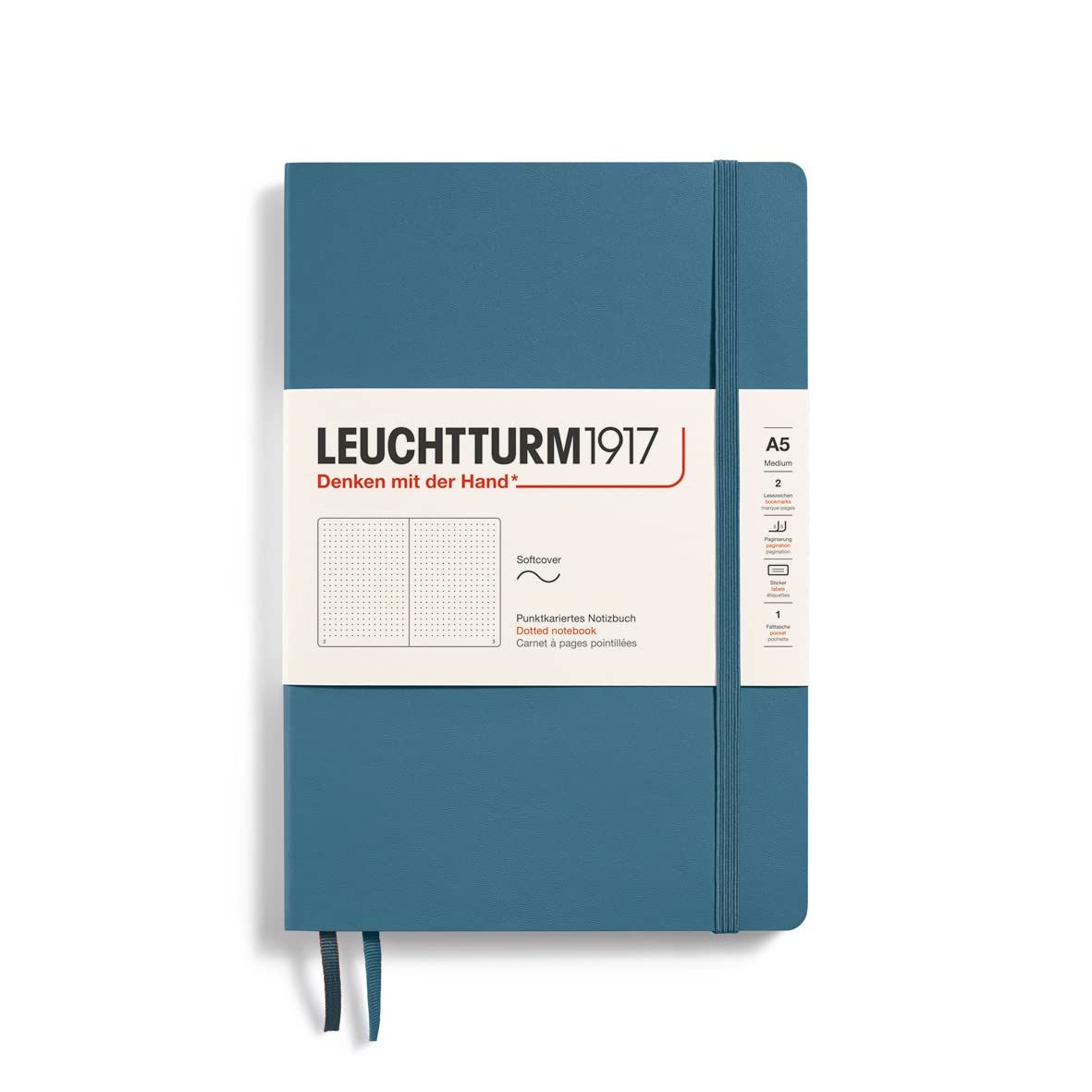 LEUCHTTURM1917 363399 Notebook Medium (A5), Softcover, 123 Numbered Pages, Stone Blue, Dotted