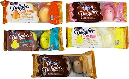 Marshmallow Peeps Filled Delights Candy Chicks Variety Pack Easter Collection - Marshmallow Neapolitan Orange Lemon Sherbet Triple Chocolate Fudge Dipped - 1.5 - 1.75 Oz. - 5 Pack