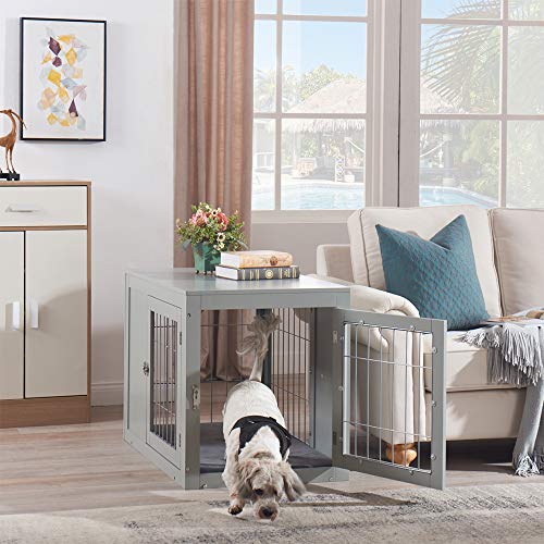 unipaws Furniture Style Dog Crate End Table with Cushion, Wooden Wire