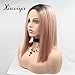 Xiweiya Mermaid Synthetic Rose Gold Straight Cut Bob Lace Front Wigs with Dark Root Middle Part Short Pink Bob Short Soft Wig Heat Resistant Fiber Hair Replacement Wig Women Drag Queen Makeup 14 inch
