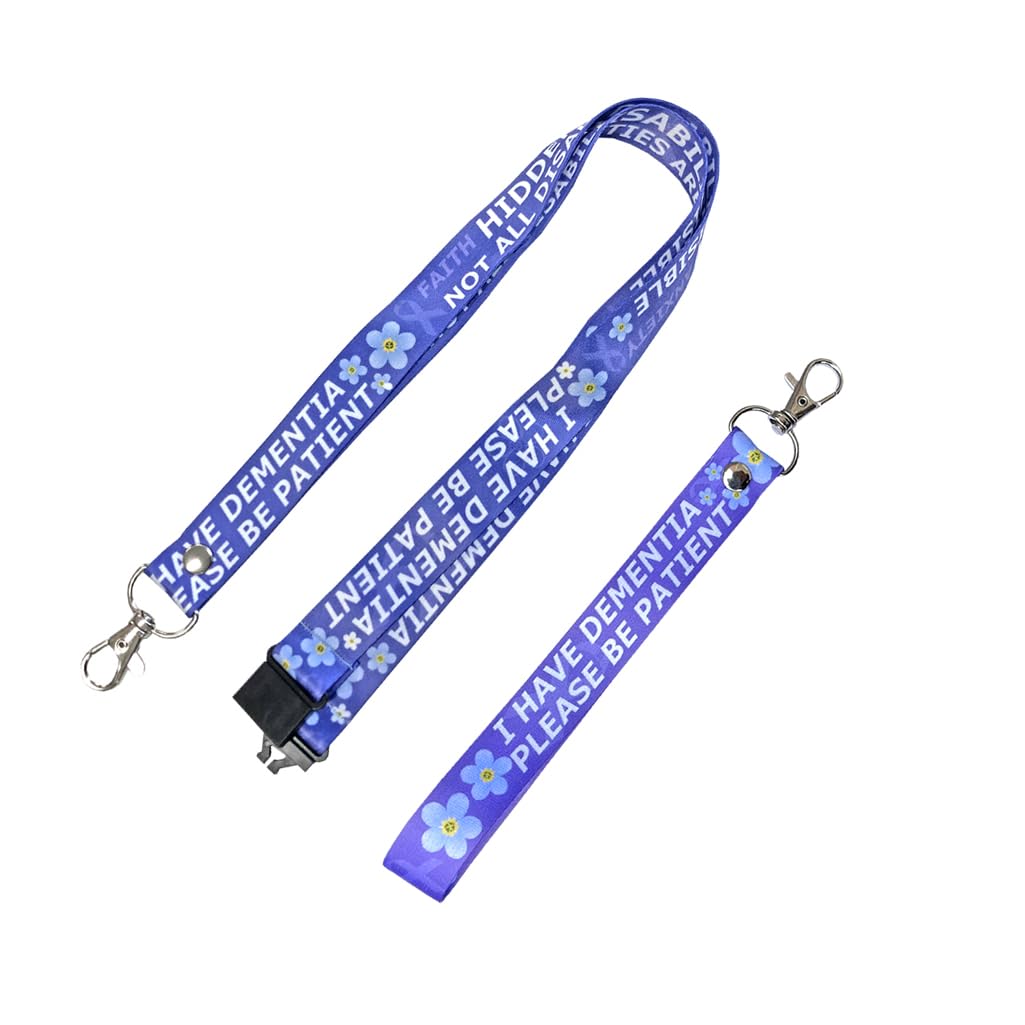 PAPER PLANE LONDON I have Dementia please be patient Lanyard & Key tag SET - neck strap, ID holder Forget me not hidden Disability