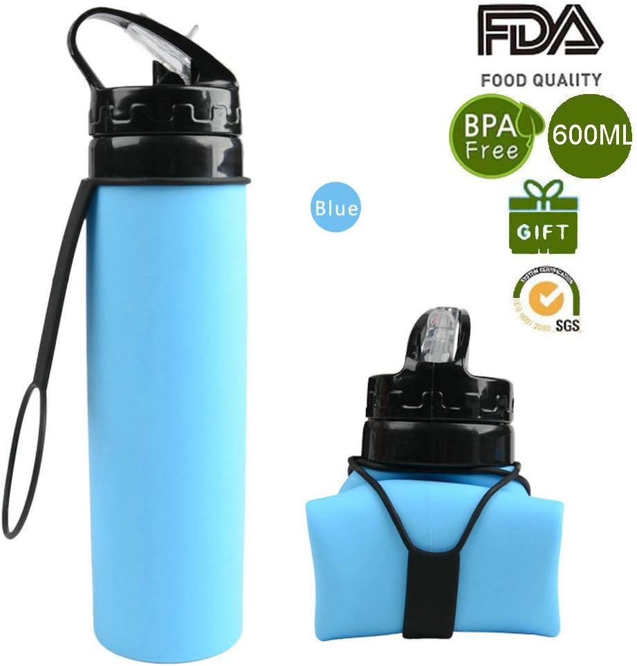 Zimingu® Foldable Sports Water Bottle Leak proof 600ML BPA Free For Long Hikes, Trekking, Hot Yoga Class, Long Load Trip, or Any Other Outdoor Activities (Blue)