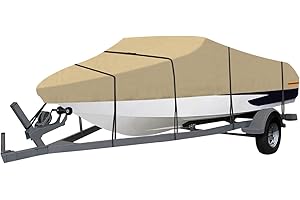 OutdoorLines Waterproof Boat Covers 14-16 Ft Long - Heavy Duty UV Resistant Trailerable Boat Covering for V-Hull,Tri-Hull, Bass, Runabout, Fish&Ski,Pro-Style Fishing Boat, Camel