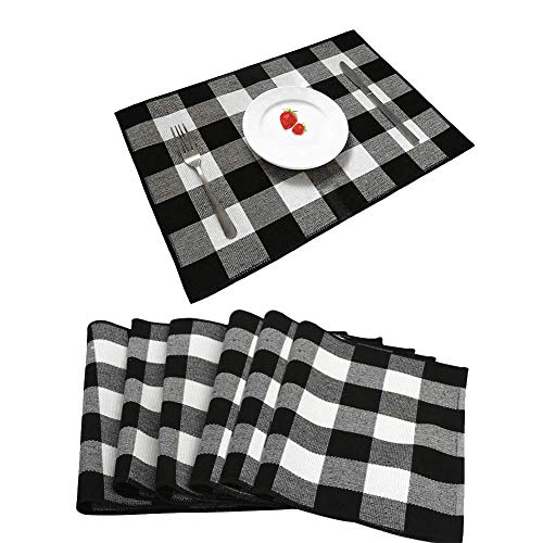 Set of 6 Placemats, Cotton Buffalo Check Plaid Placemats Black and