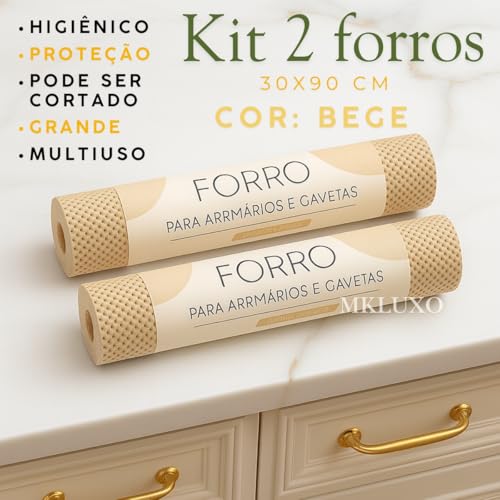 Kit 2 Unidades Forro Protetor para Gaveta de Cozinha Antiderrapante Armario Prateleira Multiuso Dispensa Lavável Recortável Casa Garagem Banheiro Geladeira Fácil de Limpar Mesa (Bege Claro)