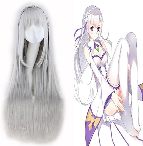 Anime Cosplay Party Emilia Long Straight Silver Grey Braid Wig Heat Resistant Synthetic Fiber Lolita COS Hair Wigs