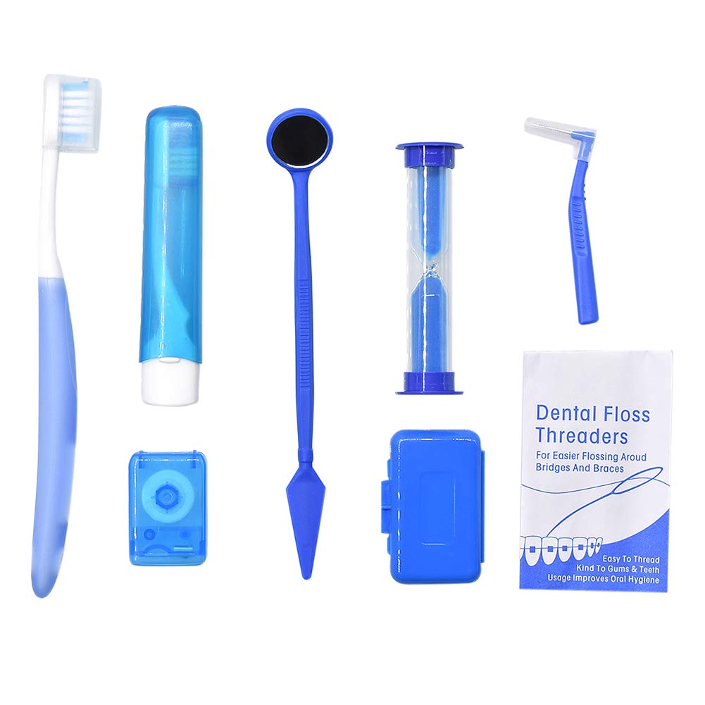 Angzhili Orthodontic Care Kit, 8 PCS Box-Packed V-Toothbrush Orthodontic Waxing Travel Toothbrush Dental Floss Spool Dental Mouth Mirror Gap Brush Dental Floss Threaders Enhance Dental Health (Blue)