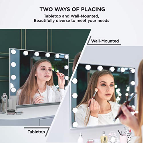 Melur Hollywood Makeup Mirror with 14 LED Lights,Touch Control Large Cosmetic Vanity Mirror with Dimmable Bulbs, Aluminium Frame Tabletop or Wall Mounted Vanity Mirror in Silver