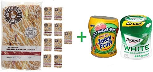 Coffee House Cafe Berries &amp; Cheese Danish, 4.5 oz (10 Pack) + Fruity Chews Gum Watermelon 1/60 Count + Trident Go Cup Spearmint 1/60 Count (BUNDLE)