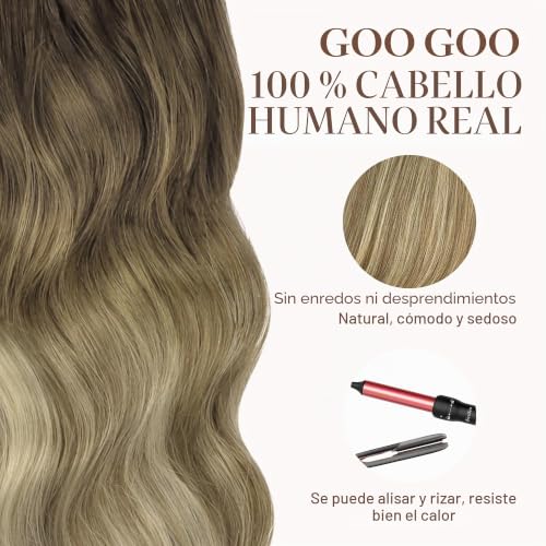 GOO GOO Adhesive Hair Extensions Natural Hair, 40 cm 10pcs 25 g Walnut Brown to Ash Brown and Whitish Blonde Hair Extensions, Remy Hair Extensions Natural Real Human Hair